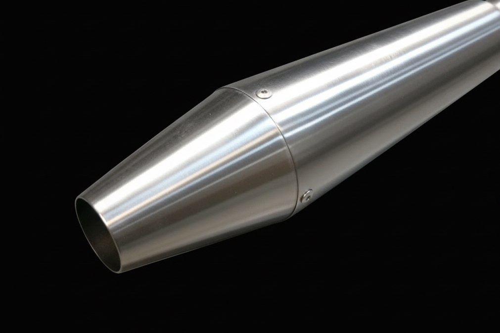 Studio close-up of the MAD Exhausts megaton-style stainless steel cone muffler for the BMW airhead, on black