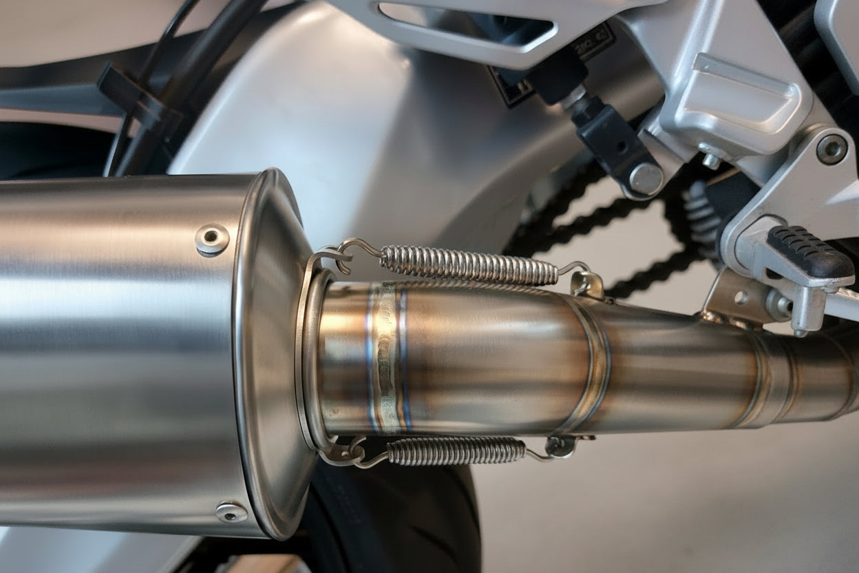 Spring-mounted link between the mid-silencer and end silencer on the MAD Exhausts Yamaha XSR900 GP system, showing heat-blued stainless steel