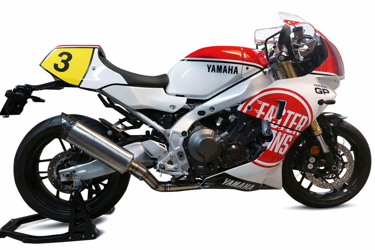 Yamaha XSR900 GP race build in red and white number-3 livery fitted with the MAD Exhausts performance system, full side view
