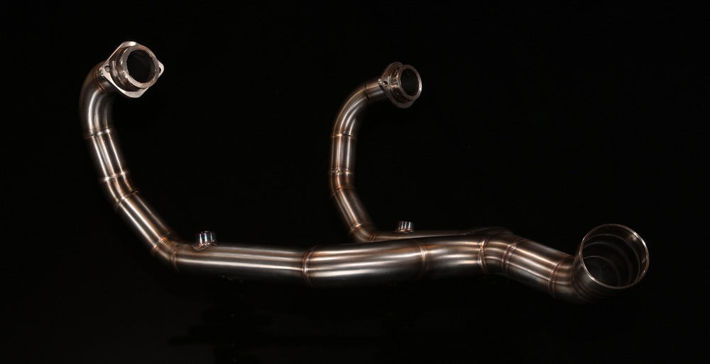 MAD Exhausts BMW R nineT 2-in-1 exhaust system, studio photo showing both cylinder-head mounting flanges